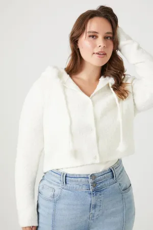 Forever 21 Knit Plus Women's Fuzzy Hooded Button-Up Sweater Vanilla Forever 21