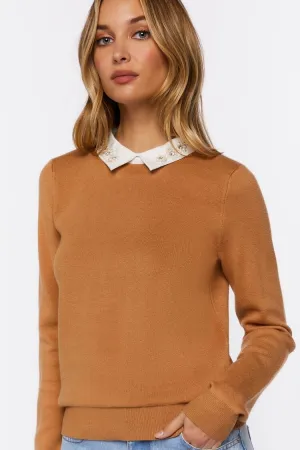 Forever 21 Knit Women's Faux Gem-Collar Sweater Camel/White Forever 21