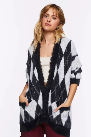 Forever 21 Knit Women's Fuzzy Argyle Cardigan Sweater Black/Multi Forever 21