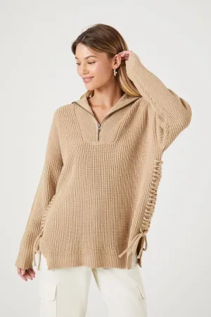Forever 21 Knit Women's Half-Zip Lace-Up Sweater Khaki Forever 21