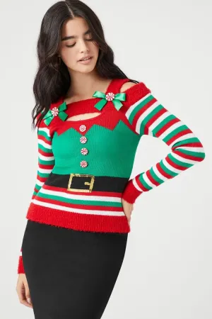 Forever 21 Knit Women's Striped Holiday Sweater Green/Multi Forever 21