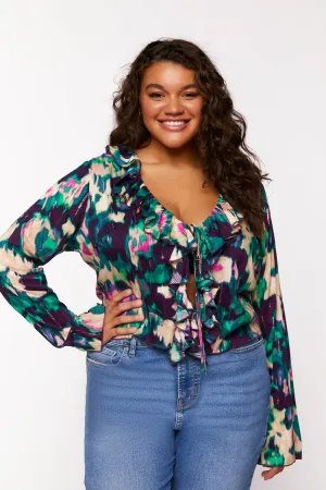 Forever 21 Plus Women's Abstract Ruffled Split-Hem Top Plum/Multi Forever 21