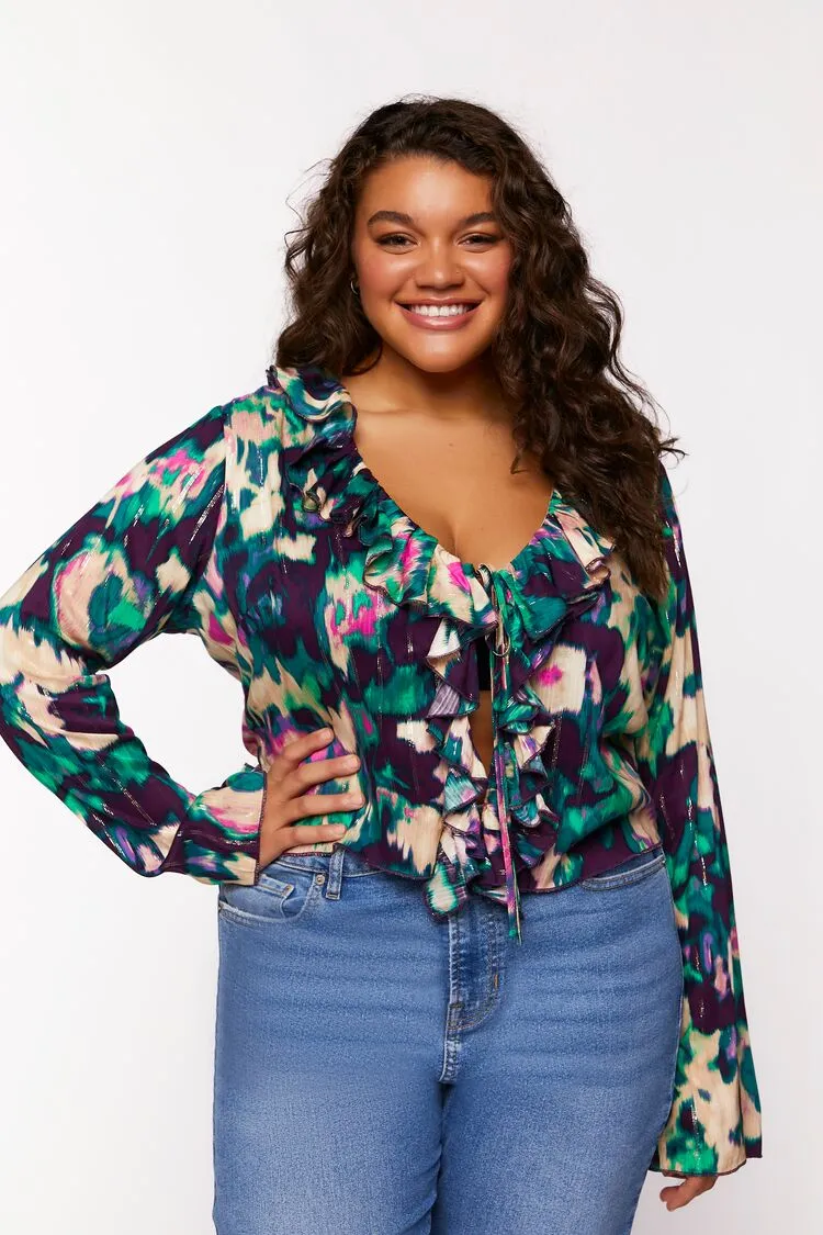 Forever 21 Plus Women's Abstract Ruffled Split-Hem Top Plum/Multi Forever 21