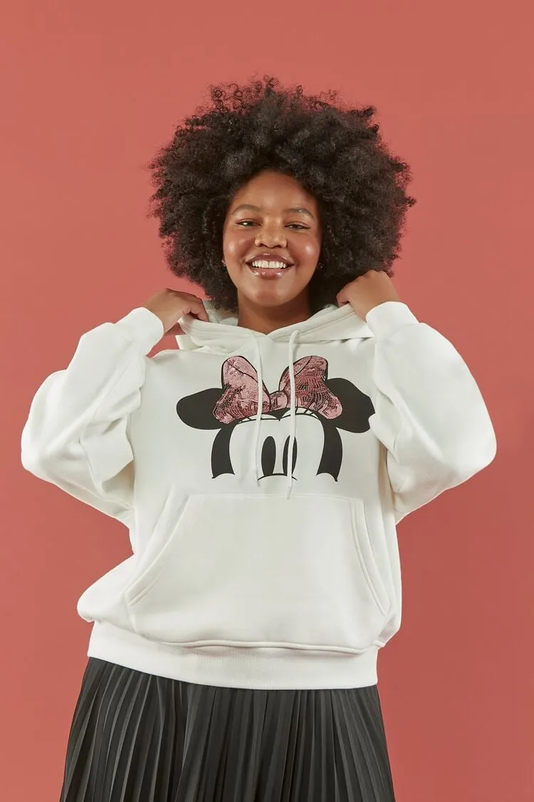 Forever 21 Plus Women's Disney Sequin Minnie Mouse Hoodie Sweatshirt Cream/Multi Forever 21