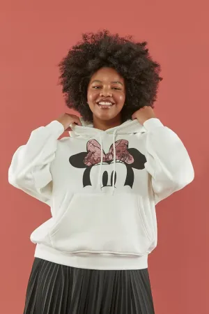 Forever 21 Plus Women's Disney Sequin Minnie Mouse Hoodie Sweatshirt Cream/Multi Forever 21