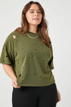 Forever 21 Plus Women's Distressed Crew T-Shirt Olive Forever 21