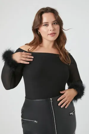 Forever 21 Plus Women's Faux Feather-Trim Bodysuit Black Forever 21