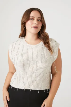 Forever 21 Plus Women's Rhinestone-Fringe Sweater-Knit Top Oatmeal/Multi Forever 21