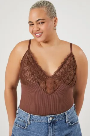 Forever 21 Plus Women's Ribbed Lace-Trim Bodysuit Chocolate Forever 21
