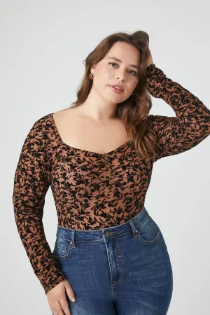 Forever 21 Plus Women's Sheer Floral Bodysuit Brown/Black Forever 21