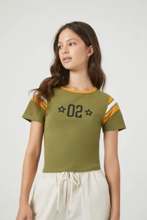 Forever 21 Women's 02 Graphic Ringer Baby T-Shirt Olive/Multi Forever 21