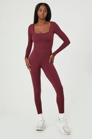 Forever 21 Women's Active Long-Sleeve Corset Jumpsuit Wine Forever 21