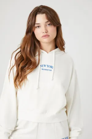 Forever 21 Women's Embroidered New York Manhattan Hoodie Sweatshirt Vanilla/Multi Forever 21