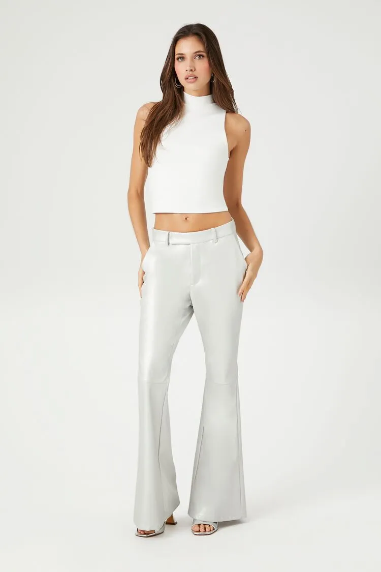 Forever 21 Women's Faux Leather/Pleather Flare-Leg Pants Silver Forever 21