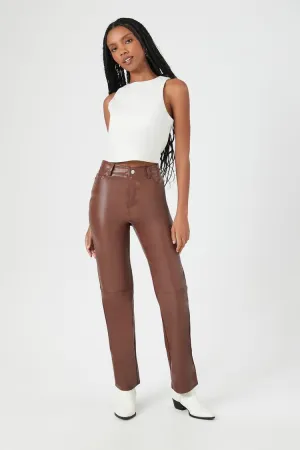 Forever 21 Women's Faux Leather/Pleather High-Rise Straight Pants Brown Forever 21