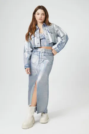 Forever 21 Women's Iridescent  A-Line Maxi Skirt Denim Forever 21