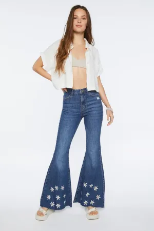 Forever 21 Women's Recycled Cotton Embroidered Floral Flare Jeans Medium Denim Forever 21