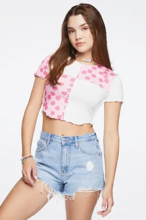 Forever 21 Women's Reworked Floral Print Cropped T-Shirt White/Multi Forever 21