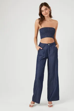 Forever 21 Women's Smocked Denim Tube Top & Pants Set Dark Denim Forever 21