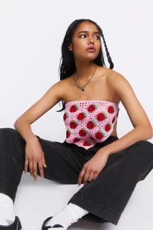 Forever 21 Women's Strawberry Crochet Crop Top Pink/Red Forever 21