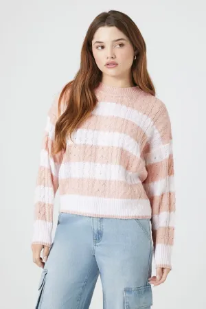 Forever 21 Women's Striped Cable Knit Sweater Pink/White Forever 21