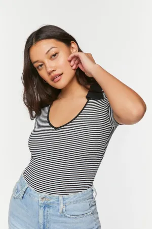 Forever 21 Women's Striped V-Neck Sweater-Knit Bodysuit Black/White Forever 21