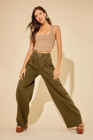 Forever 21 Women's Twill Belted Wide-Leg Pants Olive Forever 21