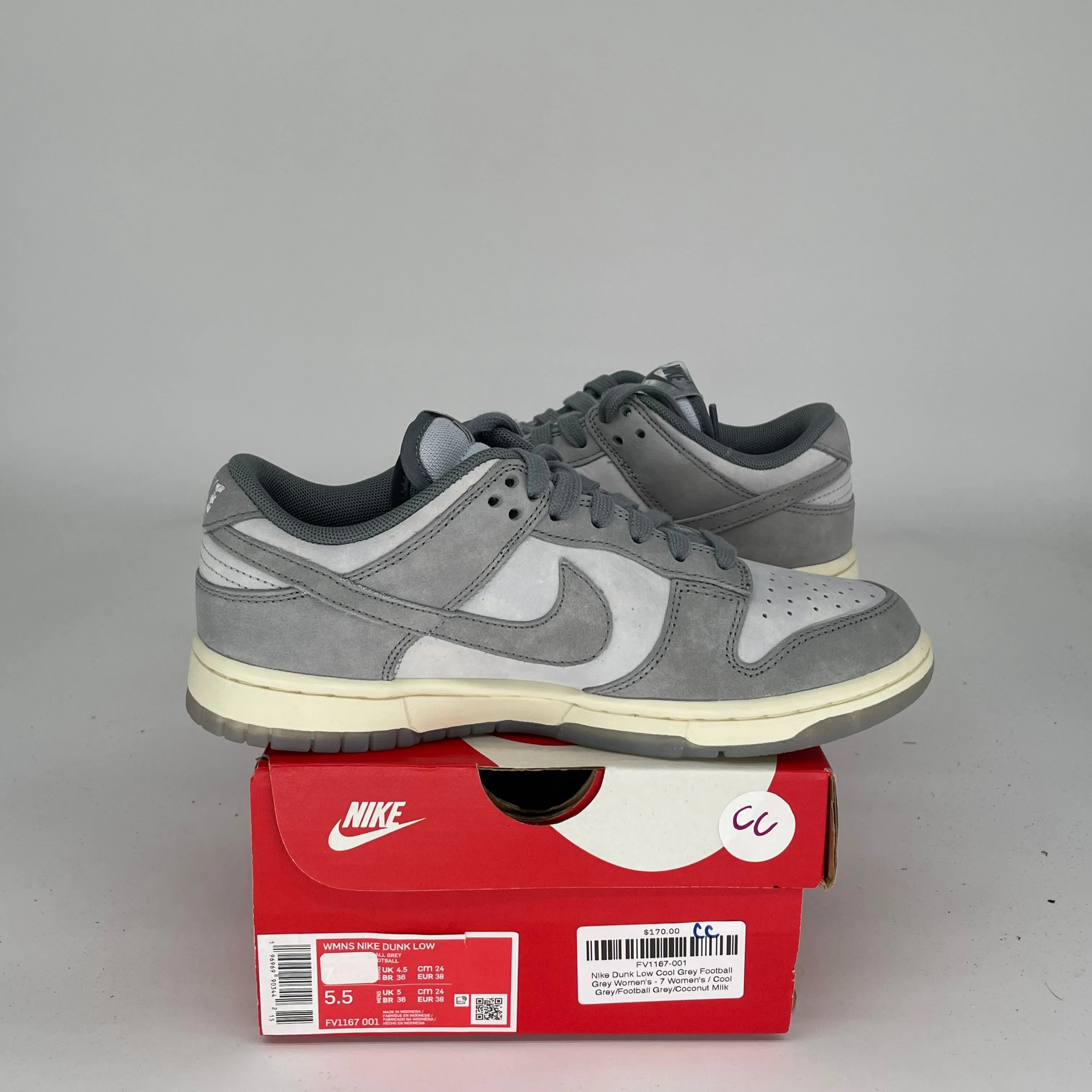 NIKE DUNK LOW COOL GREY FOOTBALL GREY W SIZE 5.5/7W FV1167-001