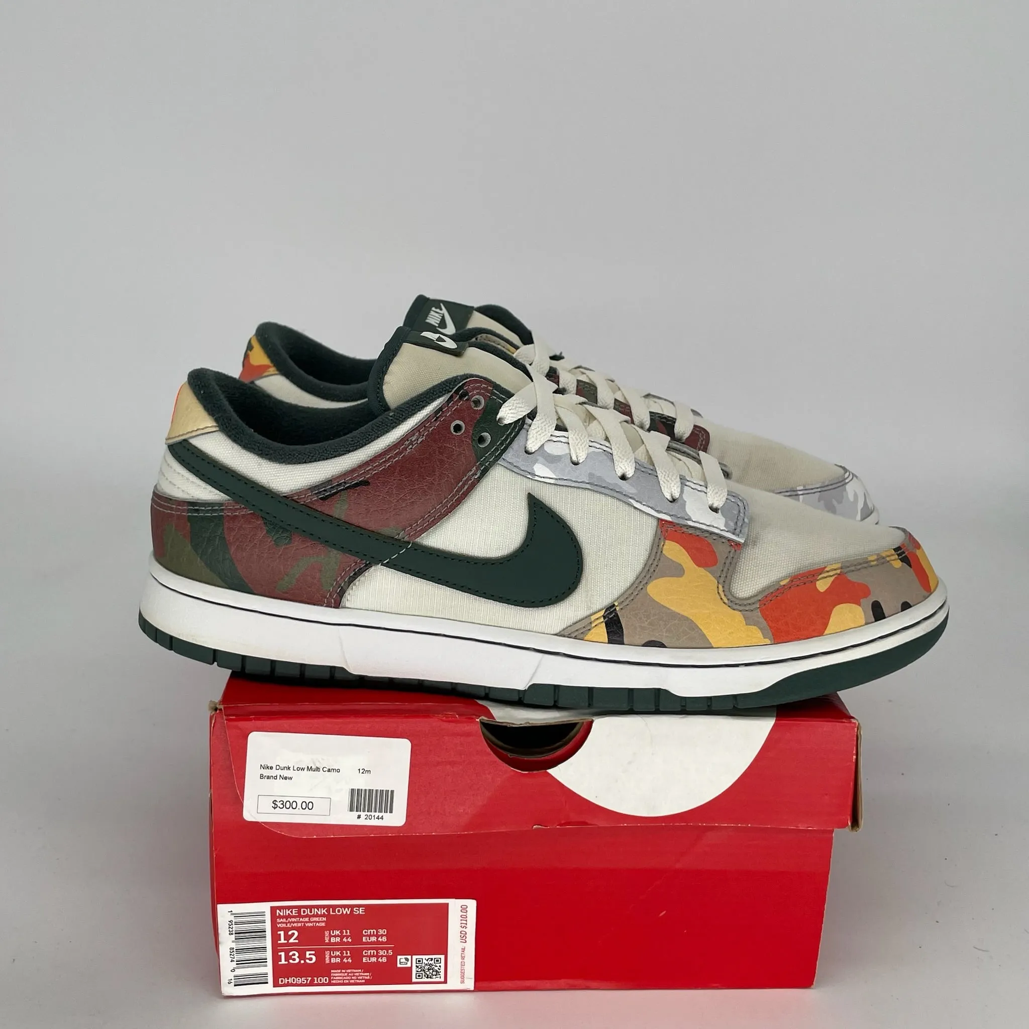 NIKE DUNK LOW SAIL MULTI CAMO SIZE 12 DH0957-100