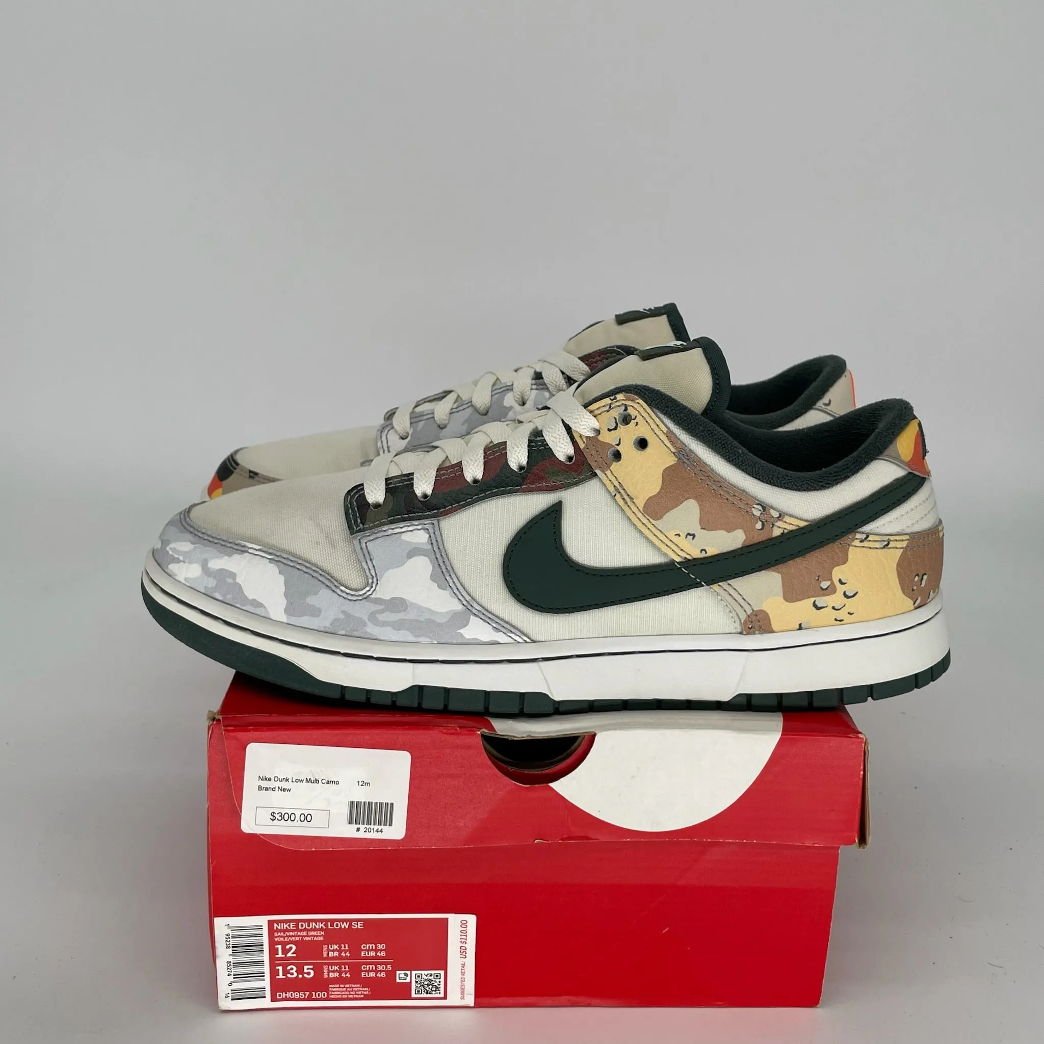 NIKE DUNK LOW SAIL MULTI CAMO SIZE 12 DH0957-100