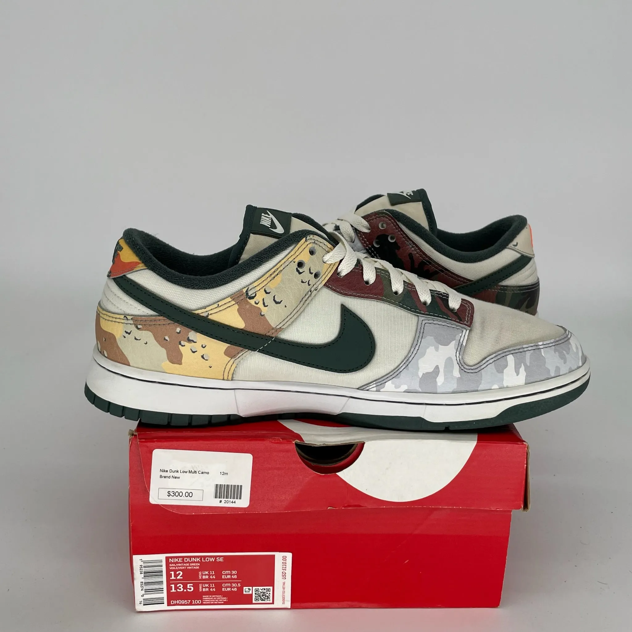 NIKE DUNK LOW SAIL MULTI CAMO SIZE 12 DH0957-100